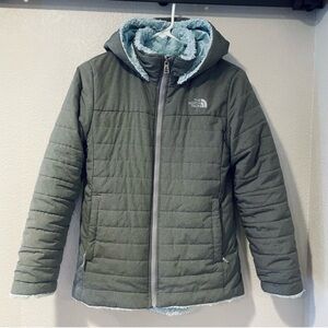 ❄️ North Face ❄️ Girls Gray and Blue Mossbud Swirl Hooded Parka Coat Large 14/16